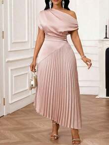 Lady Elegant Women's Dress With Tie-Dye Print And Asymmetrical Neckline - 酒紅色 - 查看 5