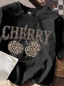 3 Minimalist Casual Long-Sleeved T-Shirts With A Round Neck, Leopard Print, Bow, And Cherry Motif, New York Style, For Women, Suitable For Summer And Back To School. | Exquisite Design | Loose And Comfortable | Easy To Match | - 黑色 - 查看 4