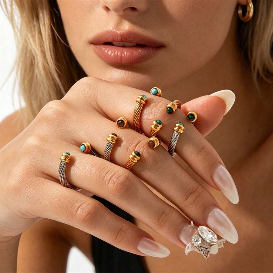 BMOR Anillo abierto ajustable con textura retorcida y turquesa incrustada, anillo de dedo apilable estilo bohemio chapado en oro para mujer, joyería de uso diario para fiestas y regalos - La apertura es ajustable - Ver 1