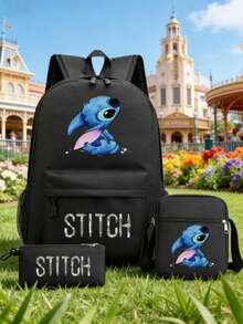 Bộ 3 món balo Disney Lilo & Stitch, balo in hình "Hello Stitch" kèm túi đeo chéo và hộp bút, balo đen kiểu dáng thường ngày dành cho thanh thiếu niên. - Bộ sản phẩm kết hợp Stitch Series - Xem 1
