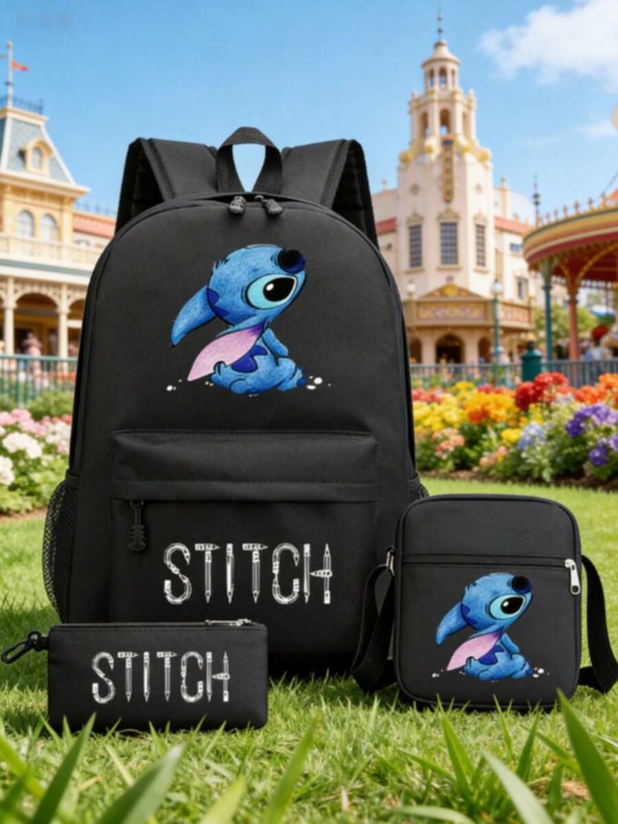 Bộ 3 món balo Disney Lilo & Stitch, balo in hình "Hello Stitch" kèm túi đeo chéo và hộp bút, balo đen kiểu dáng thường ngày dành cho thanh thiếu niên. - Bộ sản phẩm kết hợp Stitch Series - Xem 1