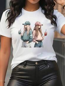 Unique Design Polyester T-Shirt, Crew Neck, Casual And Comfortable, Short Sleeves For Restaurant Wear, Soft Fabric, Lightweight Design, Ideal For Everyday Wear, Stylish Graphic Print, Perfect Fit For Leisure Activities. | Exquisite Design | Loose And Comfortable | Easy To Match | - 白色 - 查看 6