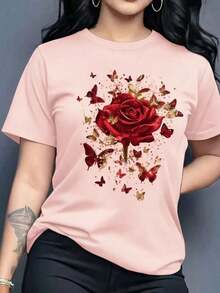 Envío gratis, entrega local enéxico, entrega en 4 días. Camiseta gráfica para mujer, manga corta, cuello redondo, básica, cómoda, fresca, ligera, corte regular, moderna, juvenil, estampada con rosas, flores, purpurina 3D, mariposas, insectos. - Rosa - Ver 5
