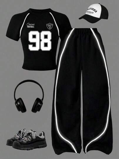 Teen Girl Numeric Print Short Sleeve T-Shirt And Pants Set