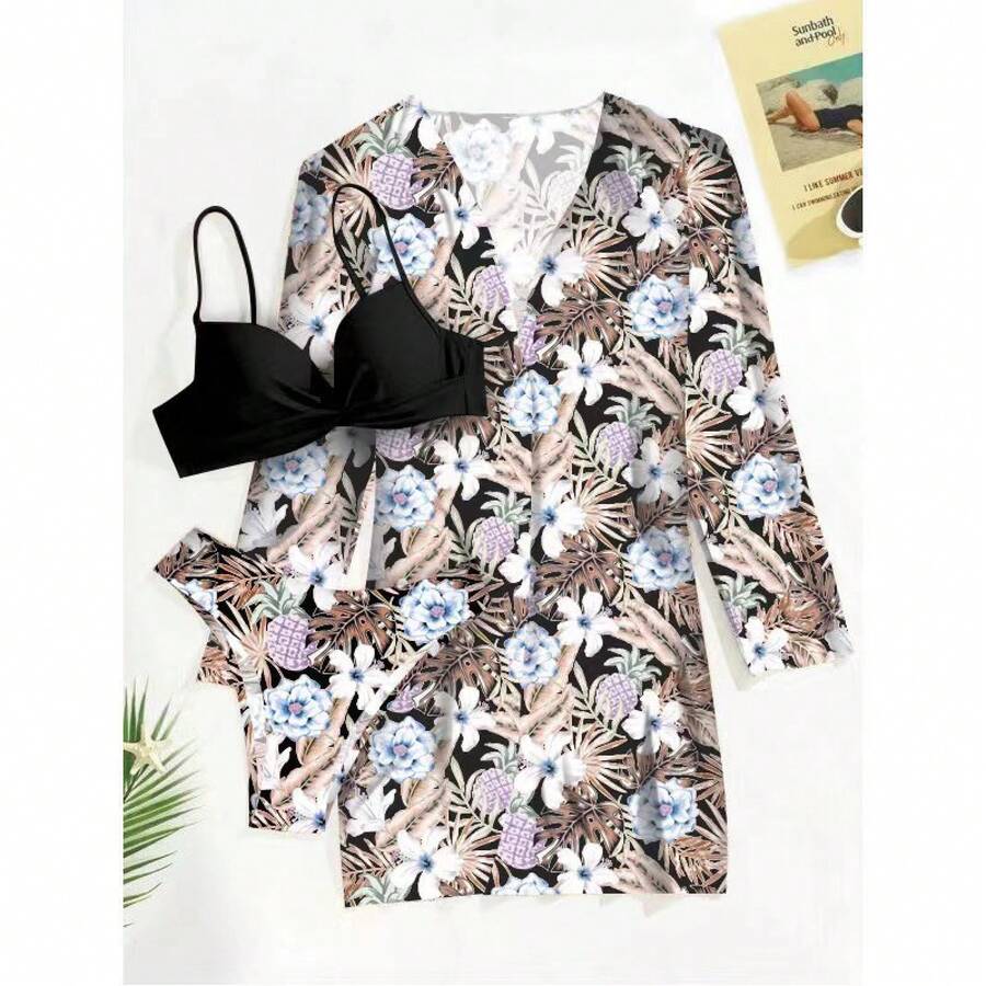 Traje de baño de tres piezas con pareo, bikini femenino con pareo de manga larga para protección solar. - Negro - Ver 1