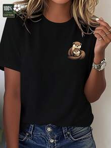Women's Comfortable Fit T-Shirt, Made Of Pure Fabric With Two Otters In A Protective Pose - Black - View 1