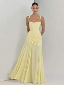 Tirantes Vestido Liso Elegante Nuevo con Pliegues, Escote Bajo, Cintura Ajustada y Espalda Descubierta - amarillo ganso - Ver 1
