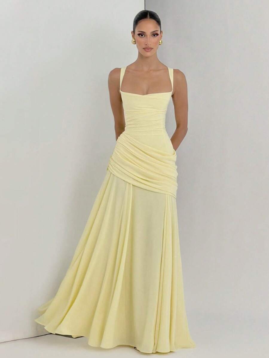 Tirantes Vestido Liso Elegante Nuevo con Pliegues, Escote Bajo, Cintura Ajustada y Espalda Descubierta - amarillo ganso - Ver 1