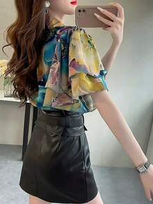 Camisa elegante de mujer con mangas de volantes de doble capa, botones de perla y estampado floral, adecuada para uso diario, vacaciones y verano - Multicolor - Ver 2