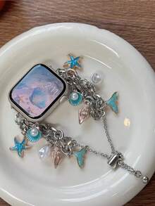 1件女款銀色海洋美人魚海星貝殼珍珠手錶錶帶，適用於 38mm 40mm 41mm 42mm 44mm 45mm 46mm 49mm，Ultra/SE/Series 11/10/9/8/7/6/5/4/3/2/1，海灘配件，時尚易穿戴，適合日常、派對、約會，送給媽媽、女友、妻子、朋友的完美禮物 - 銀色 - 查看 5