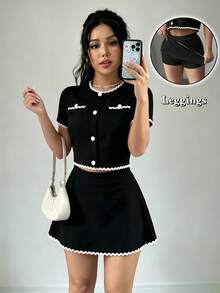 Set de 2 Piezas para Mujer: Top con Botones y Falda A-Line con Forro Antideslizante, Color Blanco Crema, Ideal para Salidas Casuales y Citas - Negro - Ver 1
