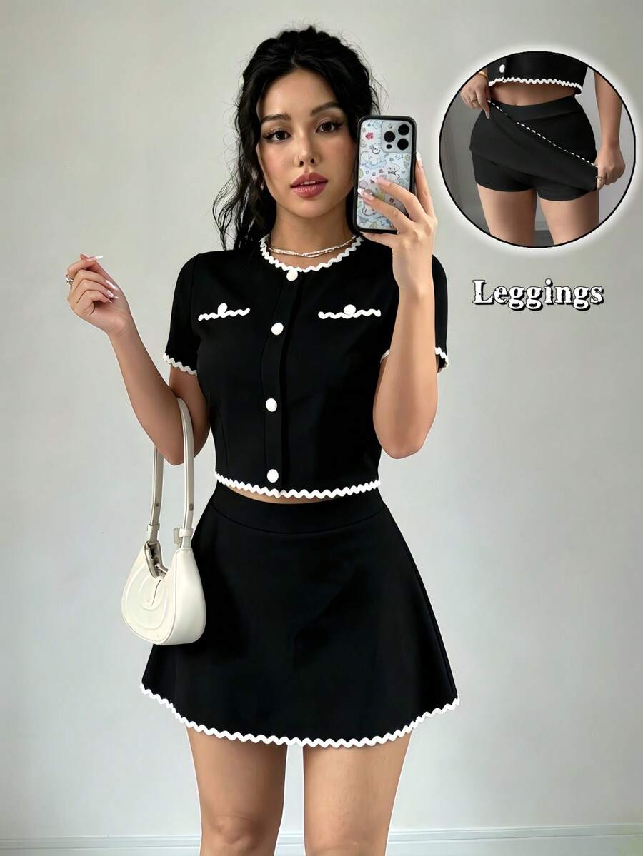 Set de 2 Piezas para Mujer: Top con Botones y Falda A-Line con Forro Antideslizante, Color Blanco Crema, Ideal para Salidas Casuales y Citas - Negro - Ver 1