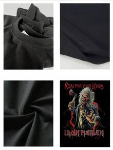 Camiseta con estampado gráfico "Run for Your Lives" para hombre, de algodón lavado vintage, corte clásico, tela de primera calidad, estampado duradero, ideal para ropa informal y para los amantes del rock, imprescindible (148) - Negro - Ver 4
