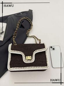 Fashion Pearl Design Straw Shoulder Bag, Small Square Bag For Beach Vacation - Coffee - View 4