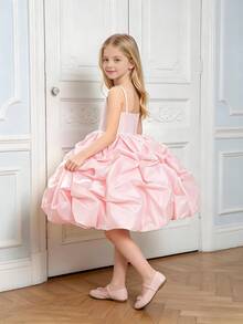 Vestido de princesa elegante de tul con tirantes de satén para niñas jóvenes, adecuado para recitales de piano, ceremonias de graduación, no incluye diadema - Rosa Pálido - Ver 2