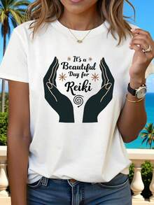 Talla Grande, Es un Hermoso Día para Reiki, Camiseta de Mujer con Estampado Gráfico, Manga Corta, Cuello Redondo, Top Casual para Verano y Primavera, Ropa de Mujer - Blanco - Ver 7