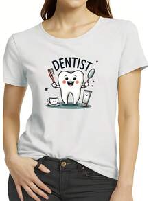 Camiseta Americana Versátil de Manga Corta, con Estampado de Dientes de Dibujos Animados y Cepillo de Dientes y Espejo, Pasta de Dientes y Taza de Café al Lado, Cuello Redondo, Estilo Nuevo de Verano 2026 para Mujer - Blanco - Ver 6