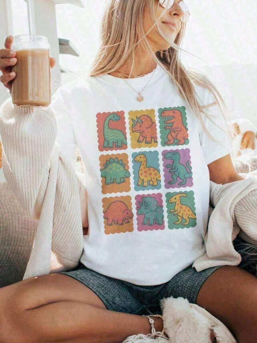 conjuntos de mujer 2026 Camiseta retro con estampado de dinosaurios: Camiseta de dinosaurio, camiseta de algodón resistente a las arrugas, camisetas geniales para mujer - Blanco - Ver 1