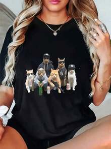 Camisetas Gráficas de Cuello Redondo Oversize para Mujer, 100% Algodón, Estampado de Gatos con Bebidas en Estilo Urbano, Ropa Casual, Tops Holgados de Manga Corta para Primavera, Camisetas Básicas de Moda de Verano, Regalo de Ropa para Mujer. - Negro - Ver 1