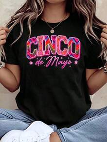 Camiseta Gráfica Cinco De Mayo Vintage 100% Algodón, Diseño de Texto con Estampado Floral Colorido para Celebraciones Festivas, Para Entusiastas de la Cultura Mexicana y Celebrantes de Días Festivos, Playeras de mujer - Negro - Ver 9