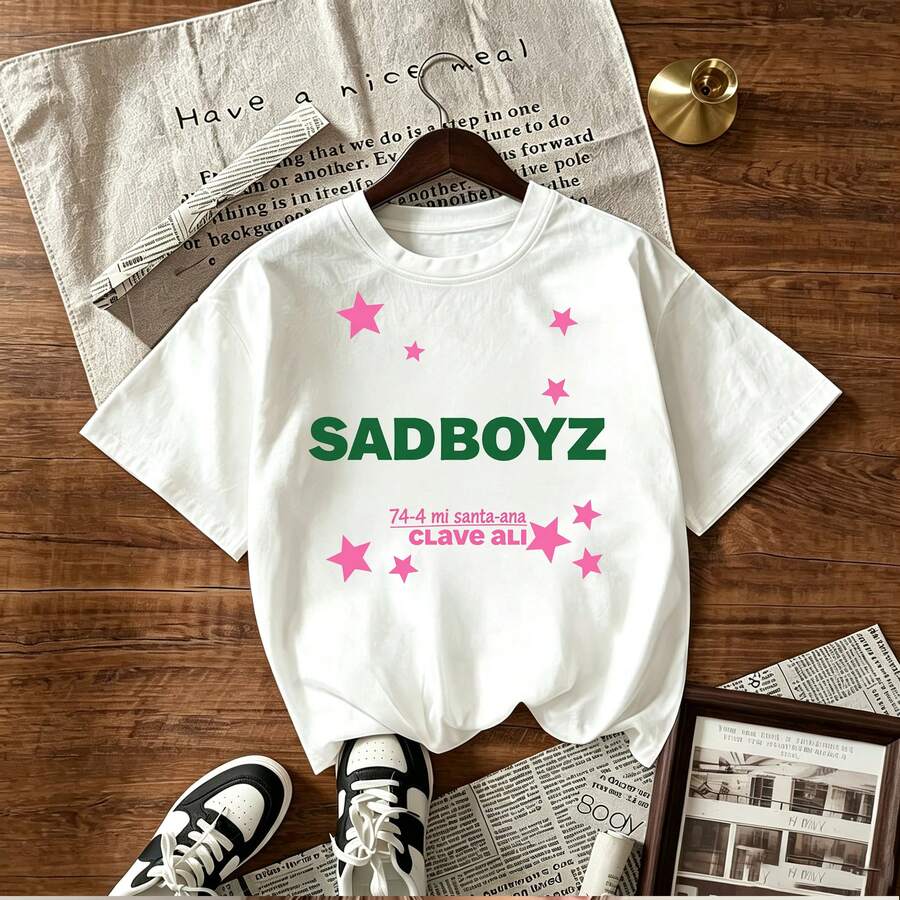 Sadboyz pink stars design for women's short sleeve t-shirt featuring mi santa ana clave ali text with vibrant green and pink colors perfect for festive occasions and casual wear in Mexico market - Blanco - Ver 1