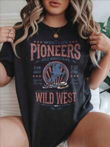 ropa de mujer Camiseta Casual con Estampado Moderno para Mujer, Estilo Western Pioneers Wild Horses Race Rodeo Event, Adecuada para Todas las Temporadas  
 -White  camisas de mujer - Negro - Ver 6