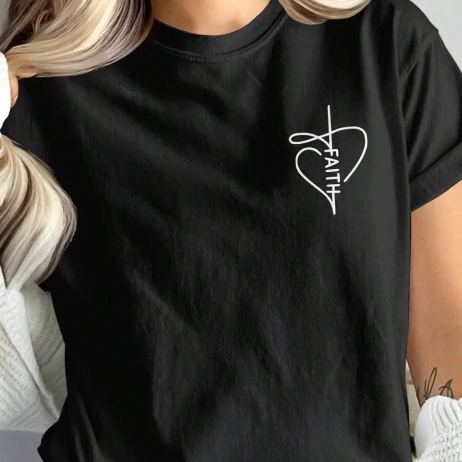Camiseta con Gráfico de Cruz y Corazón, Camiseta Espiritual de Amor, Esperanza y Fe - Negro - Ver 1
