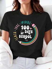 Women's T-Shirt With Pencil And Rainbow Print: 100 Days Of Inspiration, Teaching, And Love | Casual Short-Sleeve Crew Neck T-Shirt For Women, Spring/Summer, For Everyday Wear, Leisure, Holiday Gift, Going Out Tops - 黑色 - 查看 7