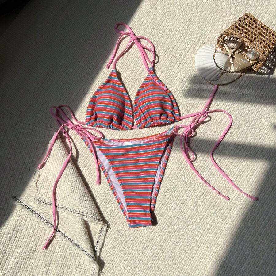 Nuevo bikini de dos piezas de tela a rayas, fresco y sexy. - Azul pálido - Ver 1