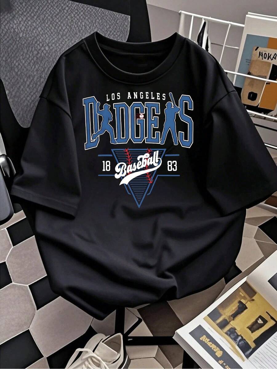 Los Ángeles patrón de béisbol mujer gráfica TShirt hermana grande lindo tee de moda en algodón suave y cómodo para trajes cotidianos, juegos deportivos y regalo casual para ella, señoras imp - Negro - Ver 1