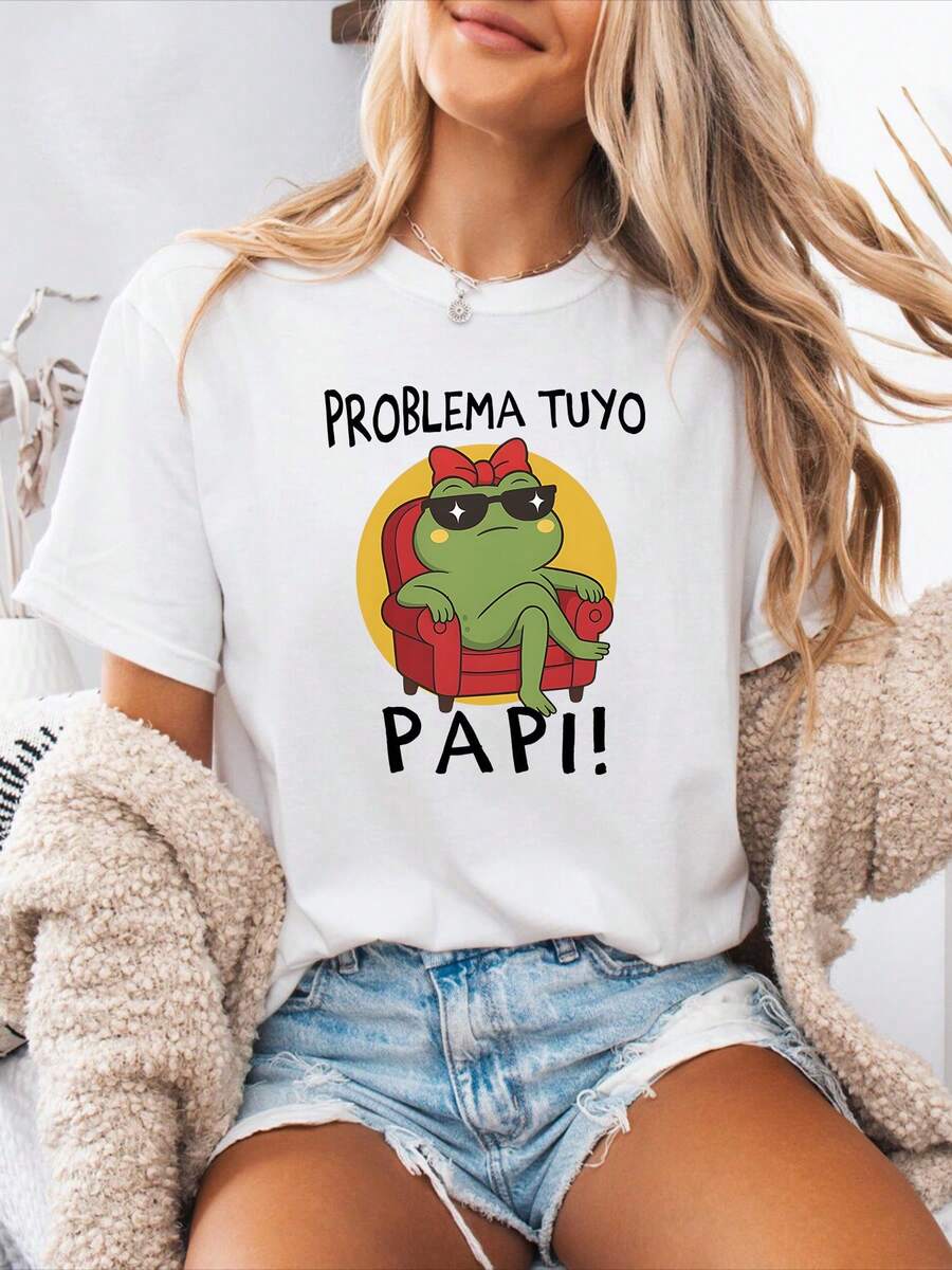 (Patrón Fijo) Camiseta Casual de Primavera/Verano con Estampado de Letras en Español, Cuello Redondo, Manga Corta, Deportiva, para Mujer - Blanco - Ver 1