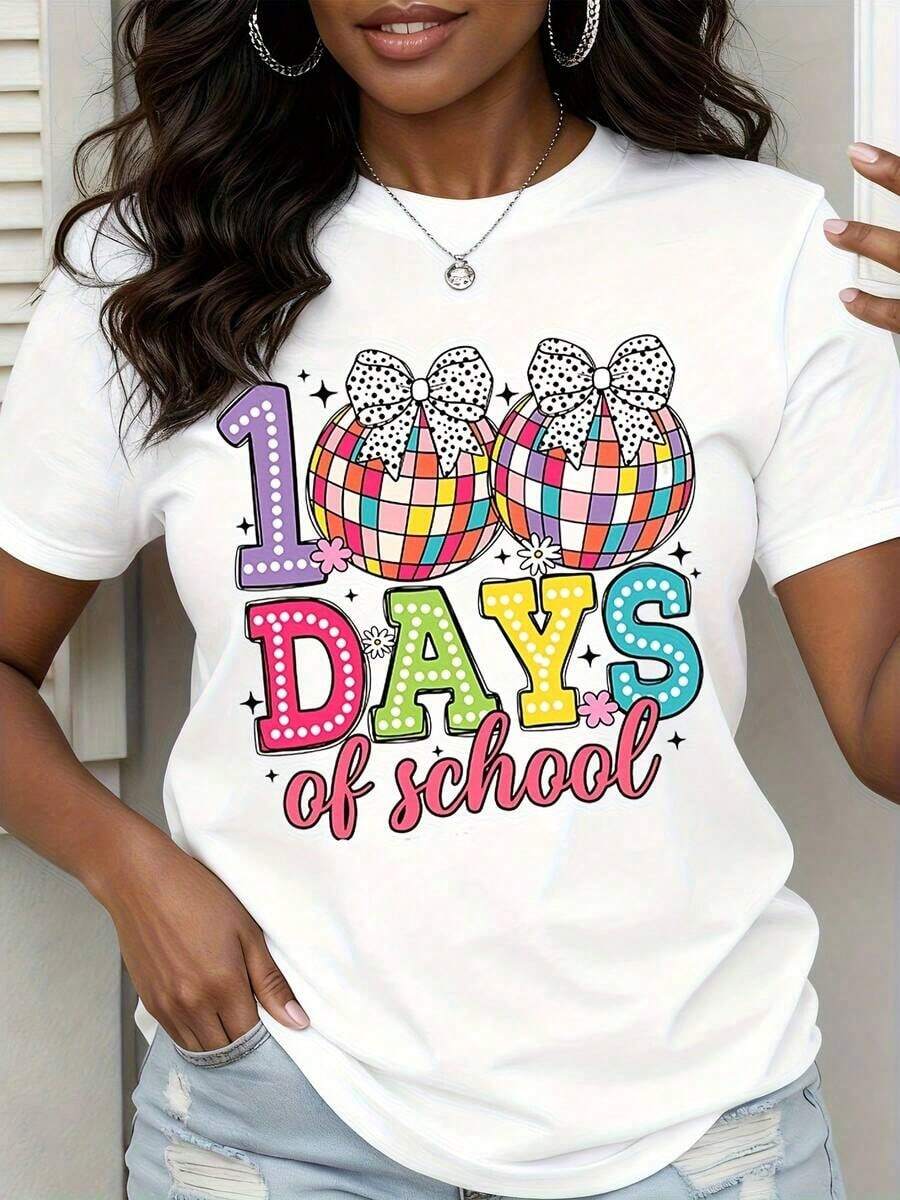 Camiseta Vintage para Celebración de 100 Días de Clases para Maestros y Estudiantes, Diseño Colorido con Lazo y Lunares, Temática Educativa Divertida, Camiseta Gráfica - Blanco - Ver 1