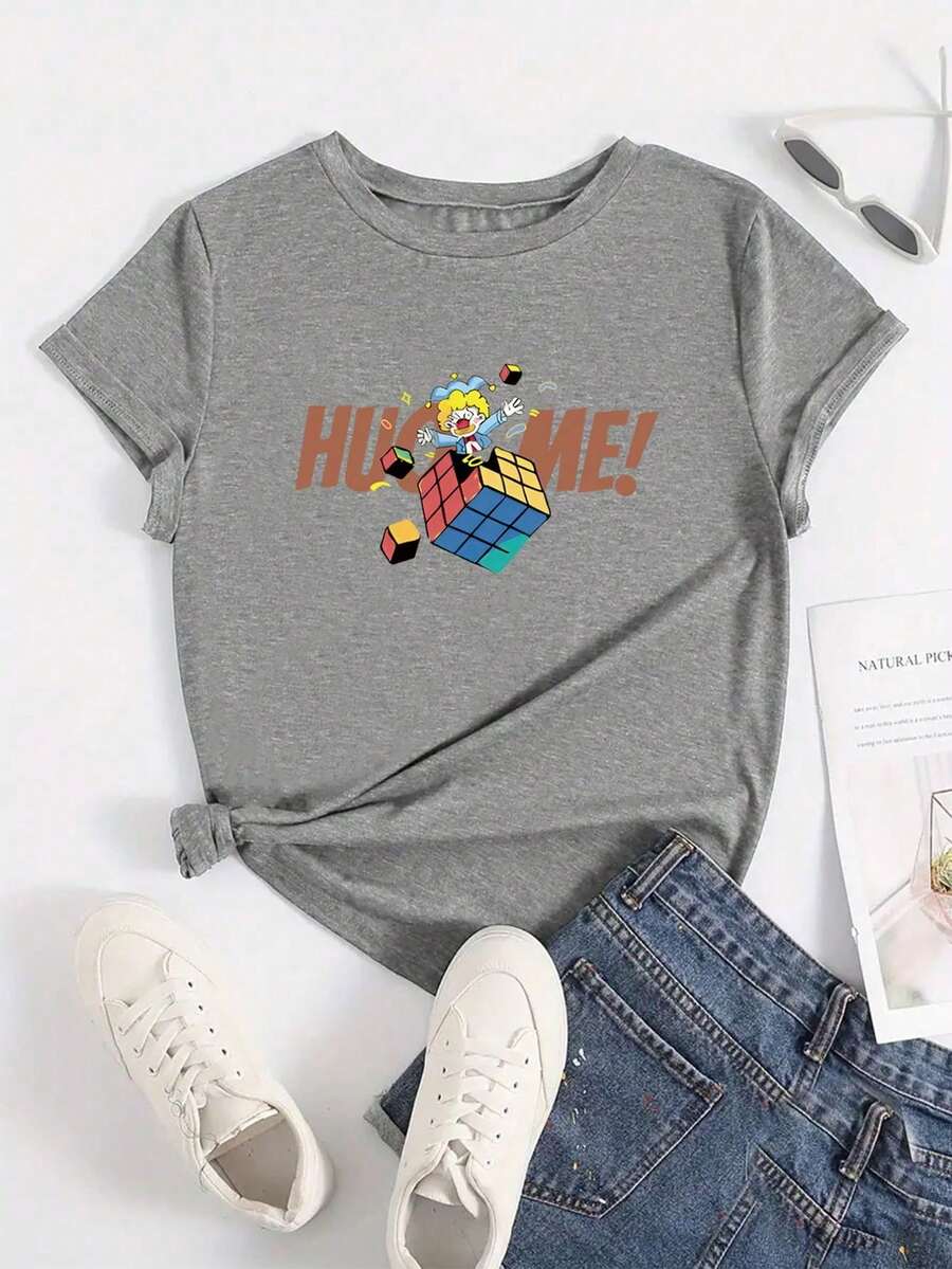 Camisetas de Mujer,Payaso femenino Rubik 's Cube estampado camiseta de manga corta casual relajada - Gris - Ver 1
