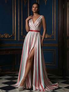 Women's Sleeveless V-Neck Striped Maxi Dress, Flared Hem, High Slit Design, Suitable For Formal Evening Wear Pink Wedding - Pink - View 6