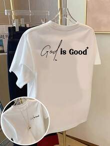 Camiseta de manga corta con estampado frontal y trasero - estampado de moda "God is Good" - Camiseta de mujer con estampado de moda para primavera/verano, artículo de moda.una camiseta estampada muy distintiva / estilo unisex / adecuada tanto para hombres como para mujeres / resistente a las arrugas / transpirable - Blanco - Ver 2