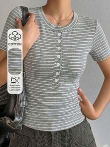 Camiseta de mujer de manga corta con cuello redondo, abertura parcial en la pechera, corte slim, casual y de color liso para verano - Gris - Ver 10
