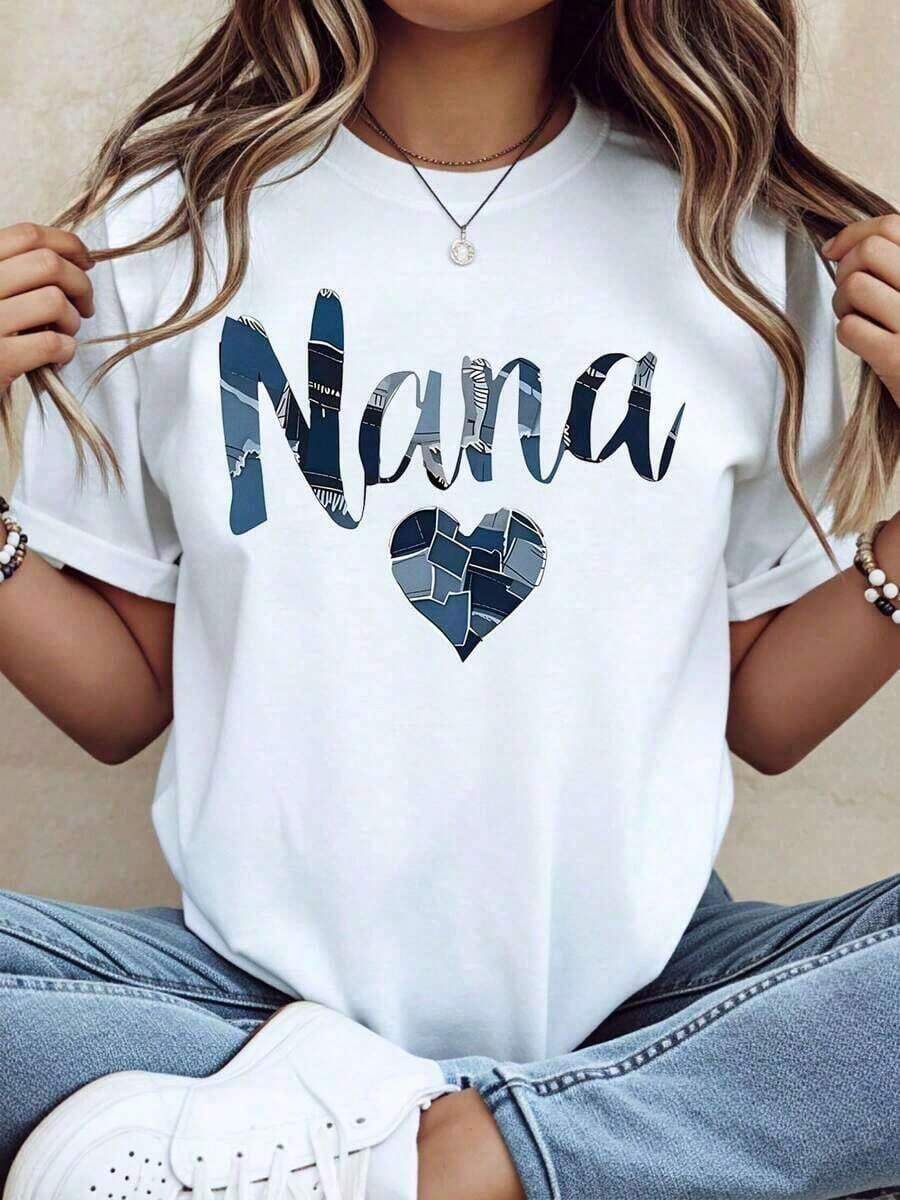 Oferta por tiempo limitado, cantidad limitada disponible, relámpago, camisas de mujer, camisetas de mujer Camiseta de verano 2026 con diseño de corazón y patchwork "Nana" para regalo de abuela, regalo de cumpleaños para el Día de la Madre, ropa casual para mujer, mangas cortas holgadas. - Blanco - Ver 1