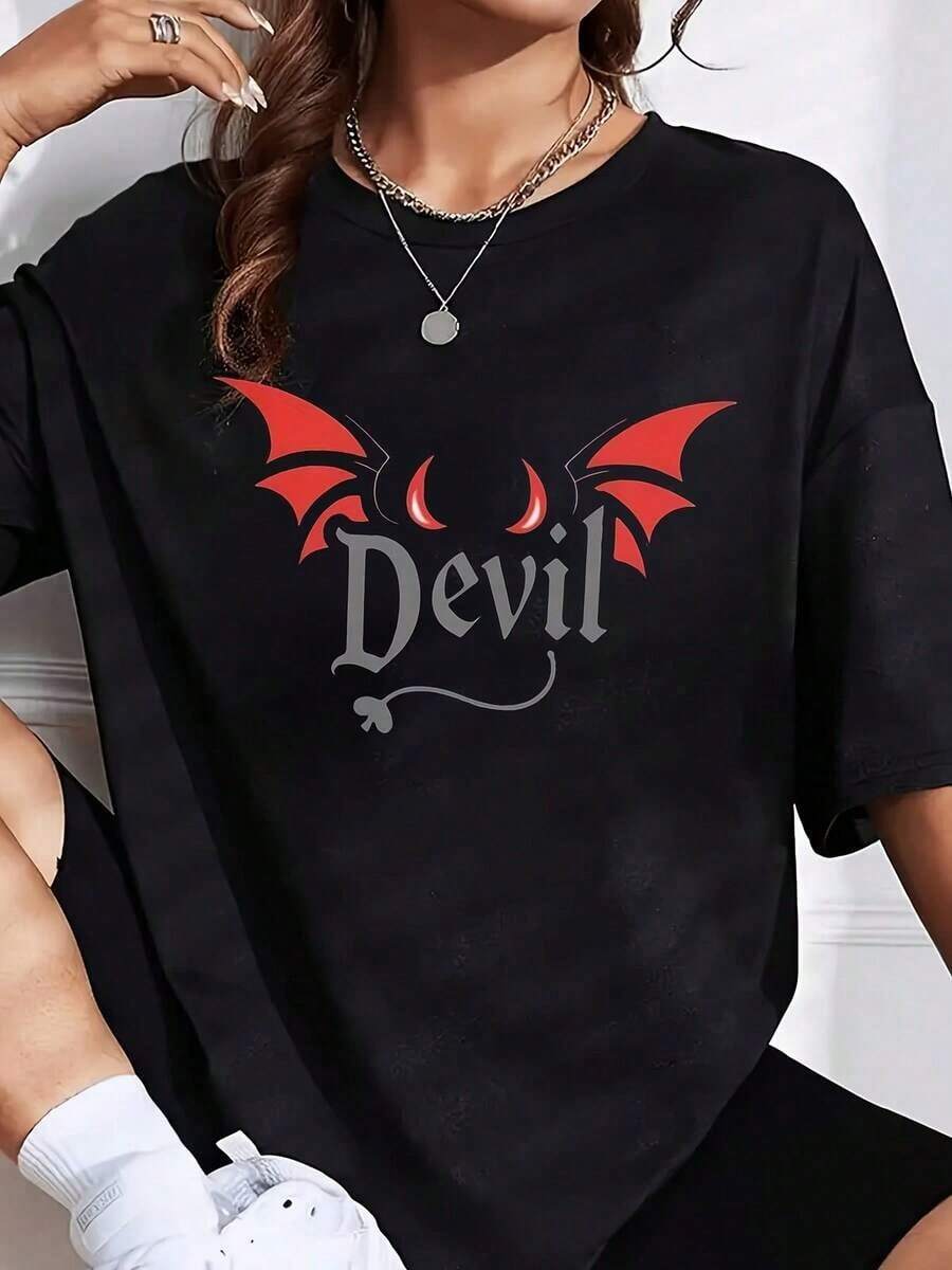 Camisa oversize con gráfico de alas de diablo, disfraz de Halloween, ropa casual, atuendo de fiesta, camiseta con mensaje. Es una camiseta perfecta para regalar a amigos y familiares en cualquier fiesta u ocasión festiva, 220g - Negro - Ver 1