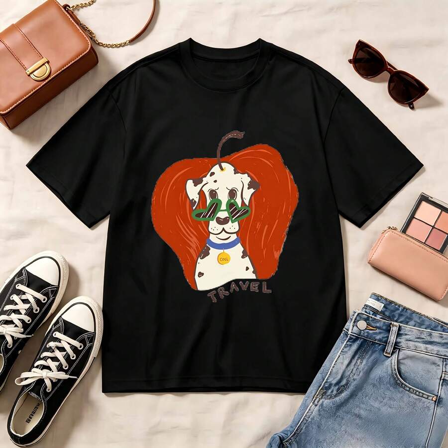 Retro, Dalmatian Travel Dog, 100% Cotton, Oversized, Soft Breathable, Casual Crewneck, Short Sleeve Top, Summer Vibes, Kawaii, Travel Lovers - 黑色 - 查看 1