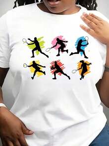 Women's Light Pink Tennis Silhouette Print T-Shirt - Casual Short Sleeve Crew Neck T-Shirt With Vibrant Tennis Graphics, Comfortable And Stylish For All Seasons, Perfect For Sports, Parties And Casual Outfits, Tennis Accessories - 白色 - 查看 6