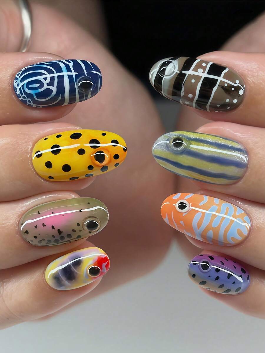 24pcs Short Oval False Nail Stickers, Cute Cartoon Design, Including Black Polka Dot, Leopard Print, Light Blue Stripe, Zebra Print, Colorful Y2K Style, Orange Gradient, Retro Fashion Black & White Color Block Stripe, Tortoiseshell, Navy Blue Swirl And More Styles, Suitable For Women And Girls, Comes With 1 Adhesive Sheet And 1 Mini Tape Nails - Multicolor - View 1