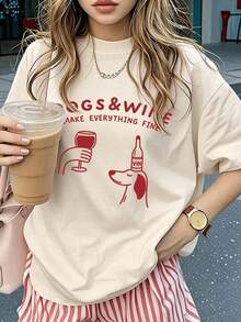 Women's T-Shirt With A Fun "Dogs And Wine" Print, Loose Fit, Round Neck, Short Sleeves, Casual Everyday Style, Urban Vintage Style, Unisex, Cotton Blouses For Women. Casual Blouses For Ladies. - 杏色 - 查看 1