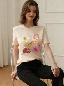 Camiseta de mujer de verano de ajuste holgado con cuello redondo y manga corta, con estampado de eslogan simple, estilo casual de vacaciones. Blusa de moda apta para uso diario y de vacaciones.,Playera Gráfica Oversized Mujer Verano Casual - Albaricoque - Ver 2