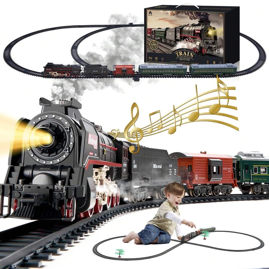 Electric Train Set For Kids, Train Toys With Real Smoke And Sound, Luxury Track & Glowing Passenger Carriages, Christmas Gifts For 3 4 5 6 7 8+ Years Old