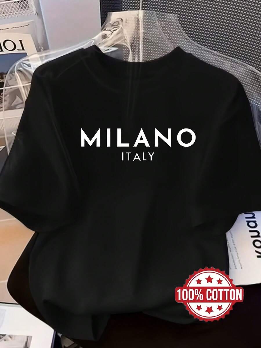 Camiseta Oversize 100% para Mujer con Estampado de Letras de Milán - Manga Corta, Cuello Redondo, Ajuste Holgado y Casual, Transpirable para Capas, Pijamas y Ropa Casual, Ribete Acanalado (Compatible con Letras de Milán) - Lavable a Máquina