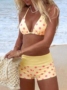 Women's Retro Polka Dot High-Waisted Bikini Set, Purple & Pink Swimwear, Suitable For Music Festivals, Swimming Pools, Parties, Summer Beach Vacation - Light Yellow - View 1