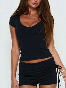 Women Fold Over Waist Shorts Fashionable Solid Color Low Rise Slim Fit Mini Shorts For Beach Daily Wear - Black - View 2