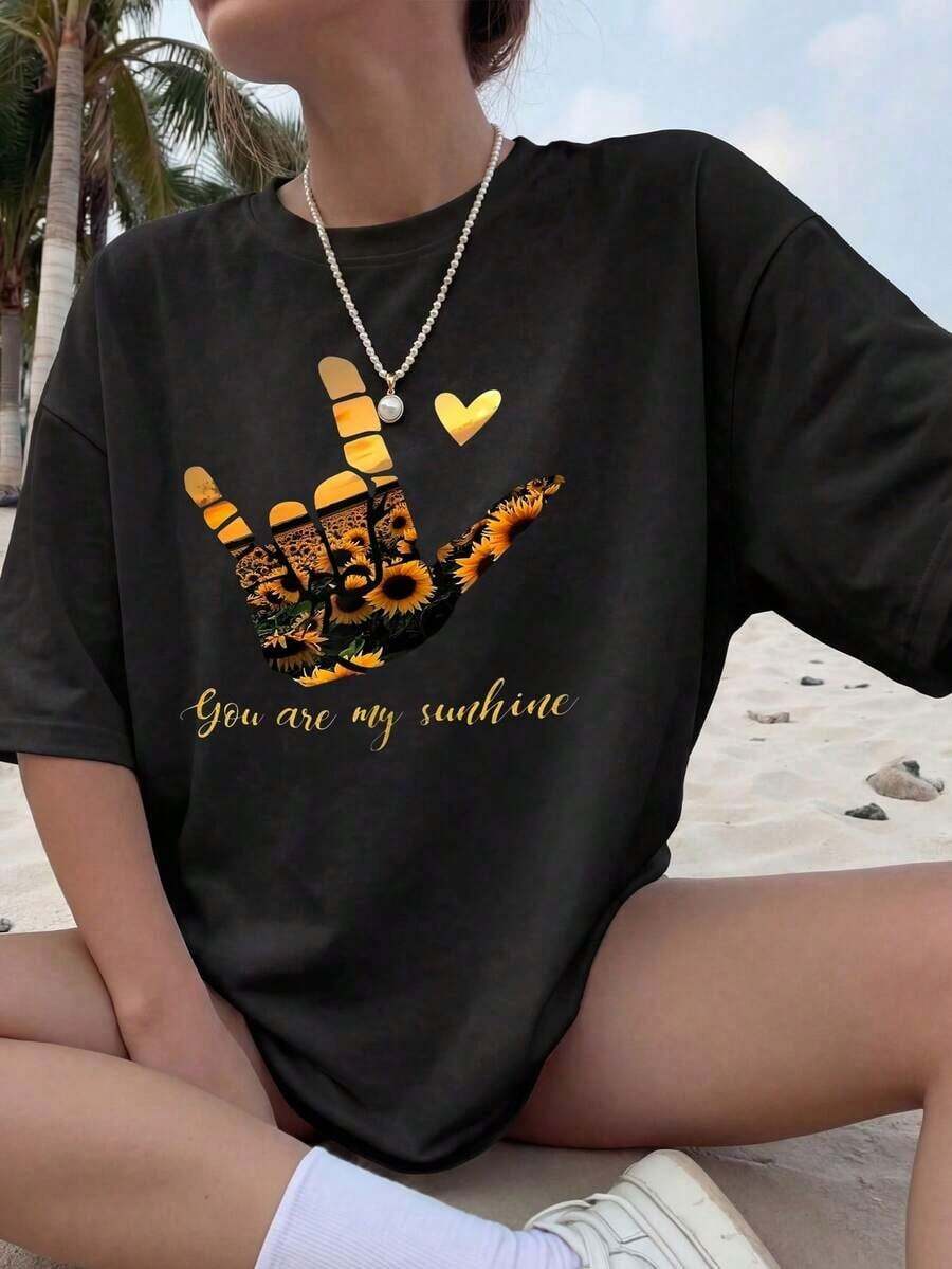Camiseta de mujer estampada de manga corta para verano, tela de poliéster, estilo multifuncional, corte regular, peso 180 gramos, 1 unidad. - Negro - Ver 1