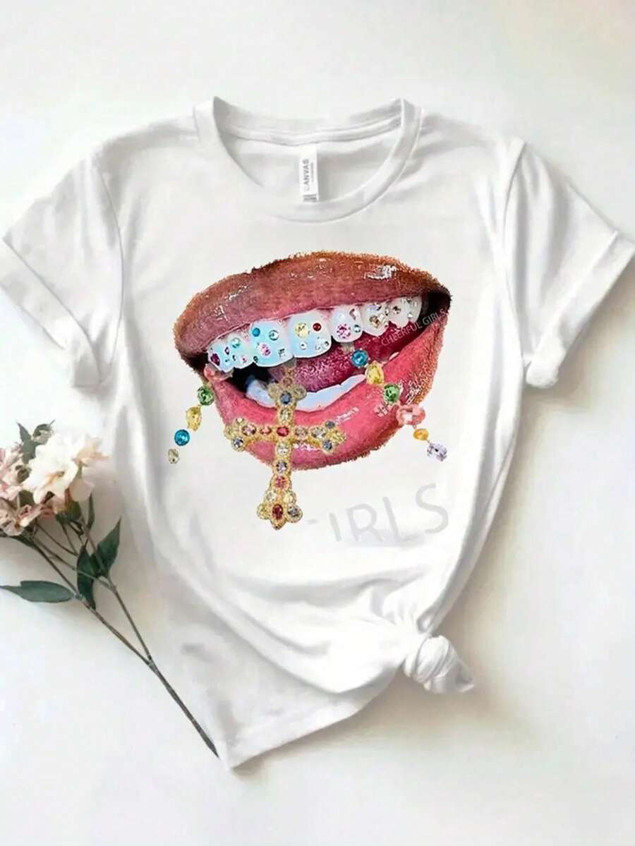 Short-Sleeved T-Shirt With A Red Lip And Beveled Teeth Printed Round Neck For Women, Casual And Fashionable - White - View 1