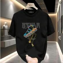 Camiseta gráfica de moda con estampado de cadena dorada grande, unisex, de manga corta y cuello redondo para hombre, estilo urbano, para verano y primavera, informal, ropa, vitalidad juvenil, camisetas gráficas de calidad, transpirable, clásica. - Negro - Ver 4